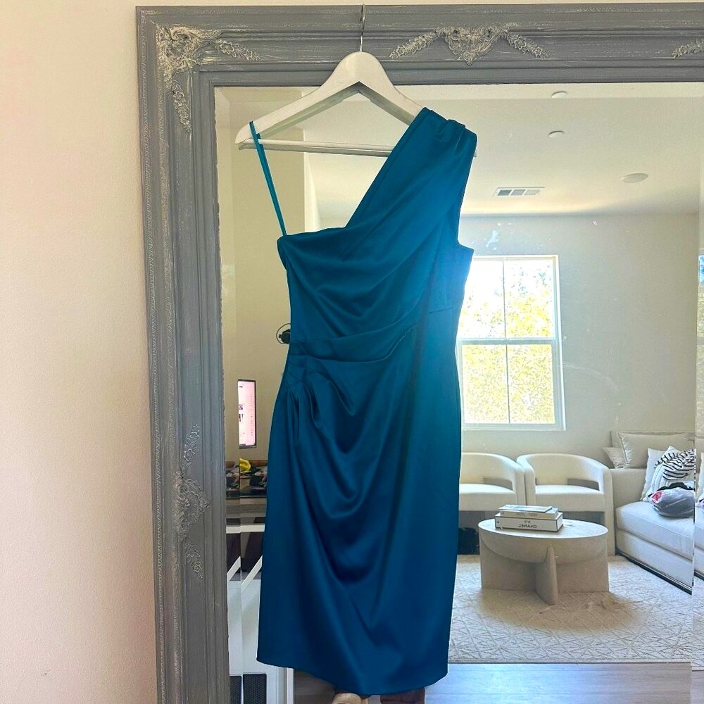 Eliza‎ J Teal Satin One-Shoulder Sleeveless Cocktail Dress Sheath Dress 8